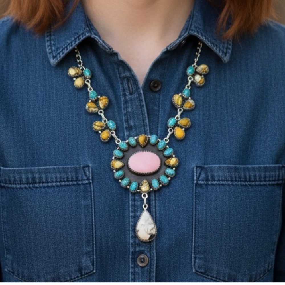 Honey Dahlia Turquoise, Kingman Turquoise & Conch Solid Sterling Silver Necklace